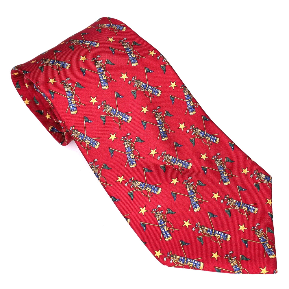 Tommy Hilfiger Mens Tie Red Italian Silk Novelty Print Golf Theme Made in USA